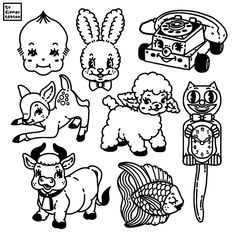 some cartoon animals and things that are black and white