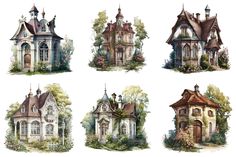 four different styles of houses with trees and bushes around them, all painted in watercolor