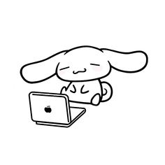 a black and white drawing of a dog using a laptop