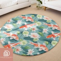 a round rug with fish and water lilies on it in a living room area