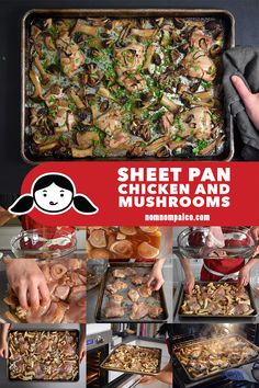 sheet pan chicken and mushrooms cooking in the oven with text overlay that reads sheet pan mushroom and mushrooms