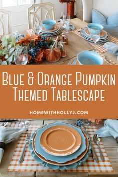 blue and orange pumpkin themed tablescape with text overlay