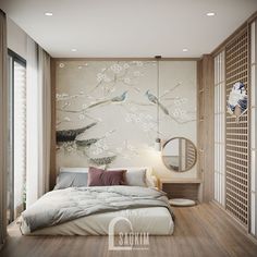 a bedroom with a bed, mirror and birds on the tree wallpaper in it