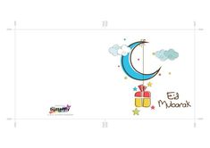 a greeting card for eid mubarak with an image of the moon and gift box