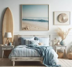 a bedroom with a surfboard on the wall next to it and pictures above the bed