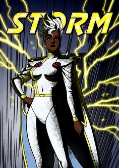 a woman in white and black costume standing next to a wall with lightning behind her