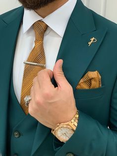 Blue Green Suit Men, Green Suit Gold Tie, Colored Wedding Suits Men, Green Suit Aesthetic Men, Green Suit Men, خواتم خطوبة, Vest And Pants, Shoe Care Kit, Pants Gift