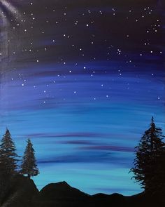 an acrylic painting of trees and the night sky