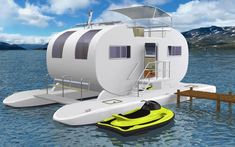 a futuristic floating house on the water