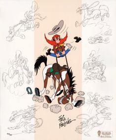 an animation character riding on the back of a horse with other cartoon characters around him