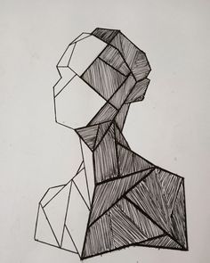 a black and white drawing of a man's head with geometric shapes on it