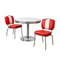 two red and white chairs sitting at a round table with one chair up against it