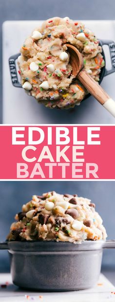 an edible cake batter in a pan with sprinkles on top and the words edible cake batter above it