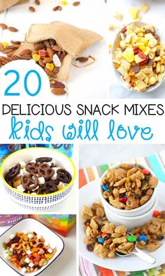 various snacks are shown with the words 20 delicious snack mixes kids will love