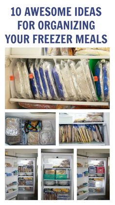 there are several pictures of the inside of an open refrigerator with food items in it