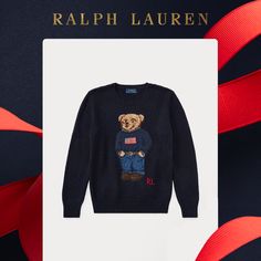 An icon sporting an icon our signature Polo Bear wears the Ralph Lauren American flag sweater in this chunky-knit cotton layer. Ralph Lauren American Flag Sweater, Polo Bear Sweater, Male Gifts, Sweater Ralph Lauren, Flag Sweater, American Flag Sweater, Bear Sweater, Cute Clothing Stores, Boy Outerwear