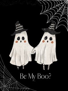 two white ghost hands with black hats and spider webs on them, are facing each other in front of a black background that says be my boo?