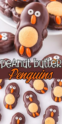 chocolate covered peanut butter penguins on a white plate with text overlay that reads, peanut butter penguins