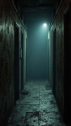 an empty hallway with two doors leading to another room in the background and a light at the end