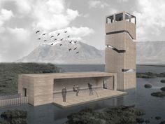 an artist's rendering of a building in the middle of water with birds flying over it