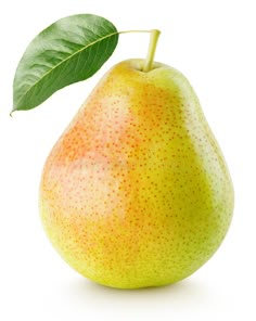 a pear with a green leaf on it's tip, against a white background