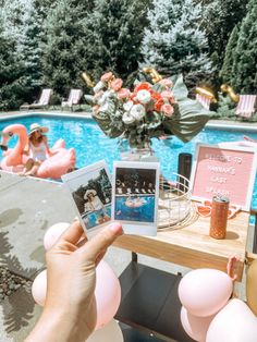 someone holding up two photos in front of a pool with flamingos and flowers on it