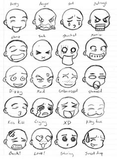 an image of different facial expressions in the style of cartoon faces, drawn by hand