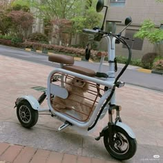 a small dog in a basket on the back of a scooter with wheels