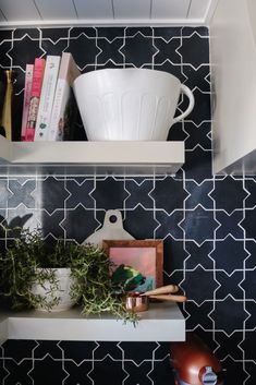 two shelves with plants and books on them in a room that has black and white wallpaper