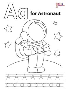 the letter a is for astronaut coloring page with an astronaut holding a rocket and stars