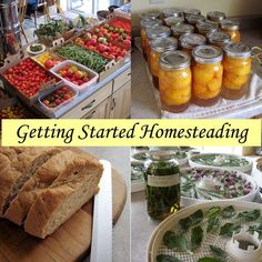 a collage of photos with jars and food on the table in front of them