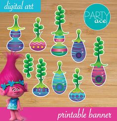 the pink troll is surrounded by green and purple plants on a wooden background with text that reads, digital art printable banner