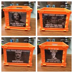 four pictures of an orange plastic container with posters on it