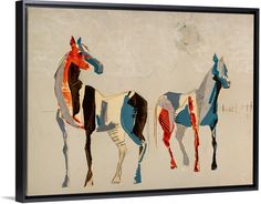 three horses standing side by side on a white background with blue, red and black colors