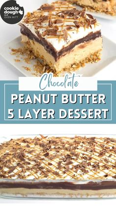 chocolate peanut butter layer dessert on a white plate with text overlay that reads, chocolate peanut butter layer dessert