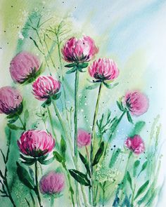 watercolor painting of pink flowers on green and white paper with blue sky in the background