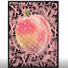 an apple with louis vuitton on it is surrounded by letters and stars in the background