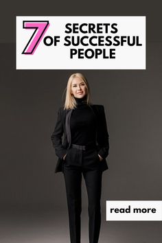 a woman standing in front of a sign that says 7 secrets of successful people