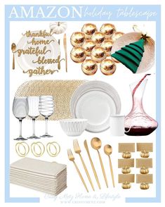 a collage of gold and white holiday tableware, including champagne glasses, plates, napkins, silverware, wine glasses, and more