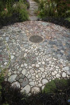 a stone path surrounded by plants and flowers