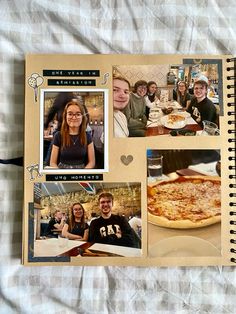 an open book with pictures of people and pizza