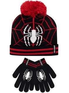 PRICES MAY VARY. Officially licensed Marvel merchandise. A black and red Spider-Man winter hat and gloves set for kids A black knit hat showcasing a spider against a red spider web, with a red pompom and red stripes on the rim with a 'Spider-Man' woven label. Paired with black gloves with a white spider print Never let cold weather get in the way of your superhero's mission again with this fun Spiderman knitwear They'll stand out as a powerful Avenger in this amazing knitted hat and gloves set M Red Spider Web, Spiderman Hat, Black Spider Man, Kids Pajamas Boys, Spiderman Noir, White Spider, Kids Winter Hats, Superhero Kids, Marvel Merchandise