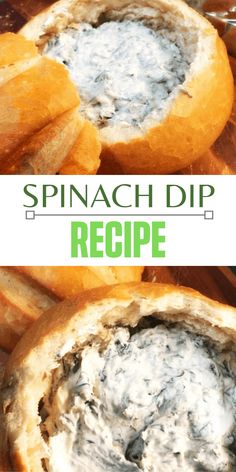 spinach dip recipe in bread bowl with text overlay that reads spinach dip recipe