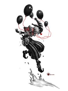 a drawing of a clown flying through the air with balloons attached to his head and feet