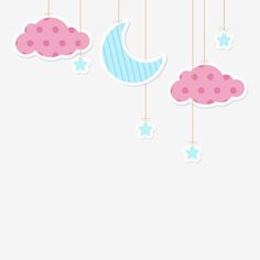 some clouds and stars hanging from strings with the moon in the sky above them on a white background