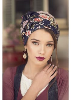 Gorgeous floral jeans turban.  Turban hats, TIchels, Fashion turbans, ready to wear turbans, head wraps, headband, head scarves Turban Headband Hairstyles, Thick Headbands, Big Bow Headband, Turban Hijab, Mode Turban, Hair Scarf Styles, Hair Turban, Head Scarf Styles, Floral Jeans