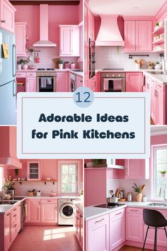 Explore 12 adorable ideas for pink kitchens, showcasing delightful pink decor ideas and vibrant elements. This pin features four beautiful images that inspire unique kitchen makeovers with cheerful pink aesthetics. Pink Accent Walls, Wooden Countertops, Checkerboard Floor, Pink Paradise, Vintage Appliances, Creative Storage Solutions