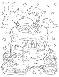 a coloring page with an image of a small house and clouds in the sky above it