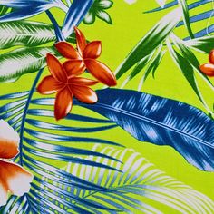 a green and blue tropical print fabric with red flowers