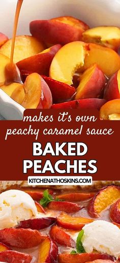 baked peaches with ice cream being drizzled over them in a baking dish